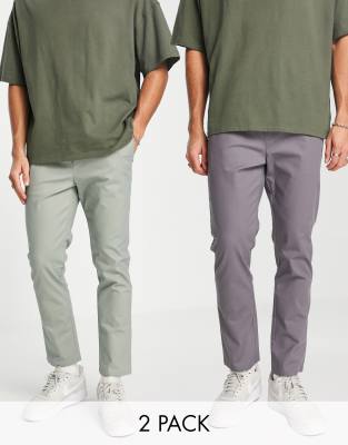 ASOS DESIGN - Lot de 2 pantalons chino slim à taille élastique - Vert clair et anthracite - Économie