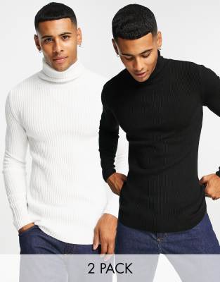 ASOS DESIGN 2 pack knitted rib roll neck jumper in black & white SAVE - ASOS Price Checker