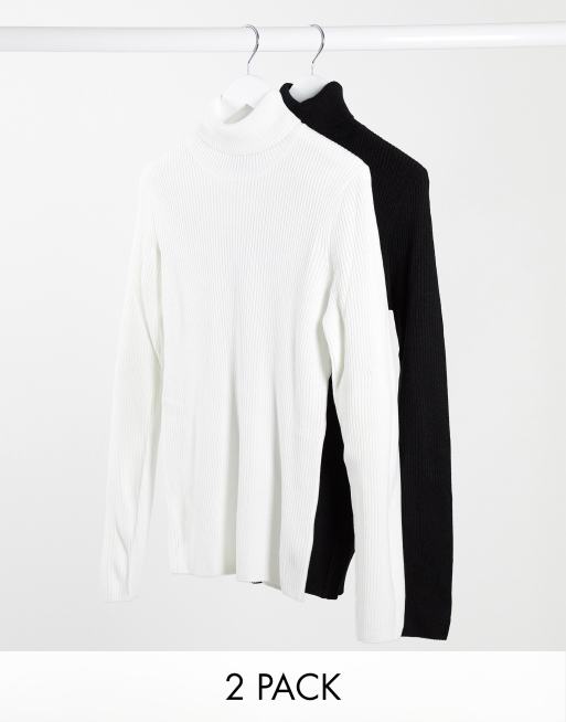 ASOS DESIGN - Lot de 2 pulls col roulé en maille côtelé - Noir et blanc - ÉCONOMIE