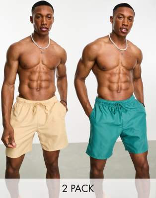 ASOS DESIGN 2 pack swim shorts in mid length in beige/teal - ASOS Price Checker