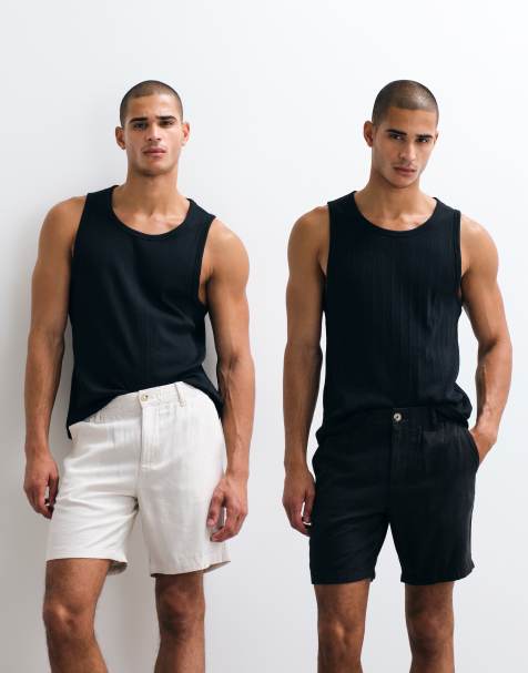 ASOS DESIGN - Lot de 2 shorts slim mi-longs en lin mélangé - Noir et taupe - view 1