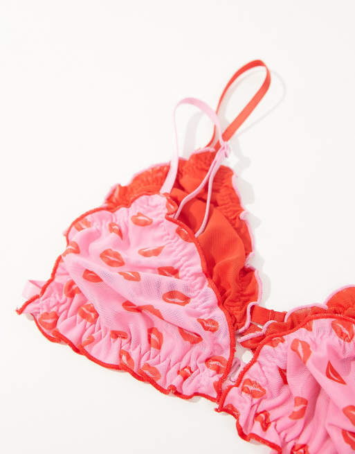 ASOS DESIGN - Lot de 2 soutiens-gorge triangle à fronces et motif bouches - Rose/rouge, 3 de 4
