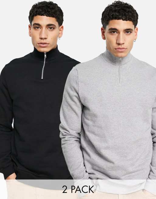ASOS DESIGN - Lot de 2 sweats avec demi-fermeture éclair - Noir/gris chiné