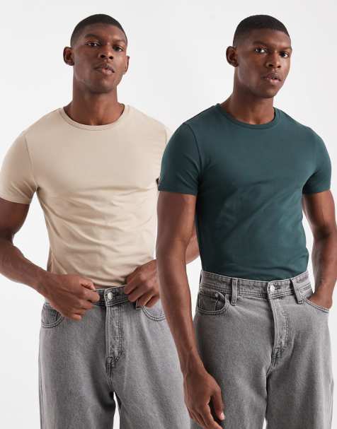ASOS DESIGN - Lot de 2 t-shirts moulants basiques - Vert foncé/neutre - view 1