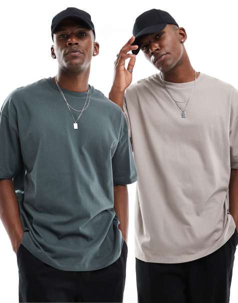 ASOS DESIGN - Lot de 2 t-shirts oversize basiques - Taupe et vert foncé - view 1