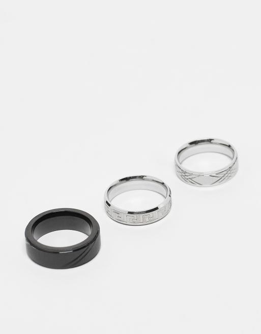 ASOS DESIGN - Lot de 3 anneaux en acier inoxydable avec motif clé grecque - Multicolore