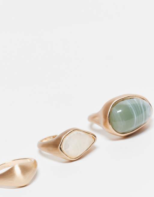 ASOS DESIGN - Lot de 3 bagues effet brossé ornées de fausses pierres semi-précieuses - Doré, 3 de 3