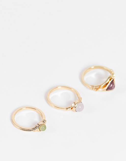 ASOS DESIGN - Lot de 3 bagues ornées de pierres semi-précieuses - Doré