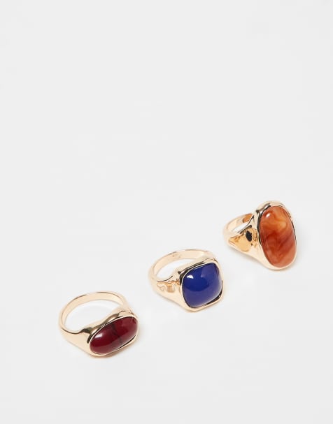 ASOS DESIGN - Lot de 3 bagues ornées de pierres semi-précieuses synthétiques - Doré - view 1