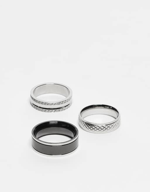 ASOS DESIGN - Lot de 3 bagues texturées en acier inoxydable résistant à l'eau - Noir et argenté