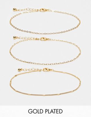 ASOS DESIGN - Lot de 3 bracelets de cheville à chaînes variées en plaqué or 14 carats
