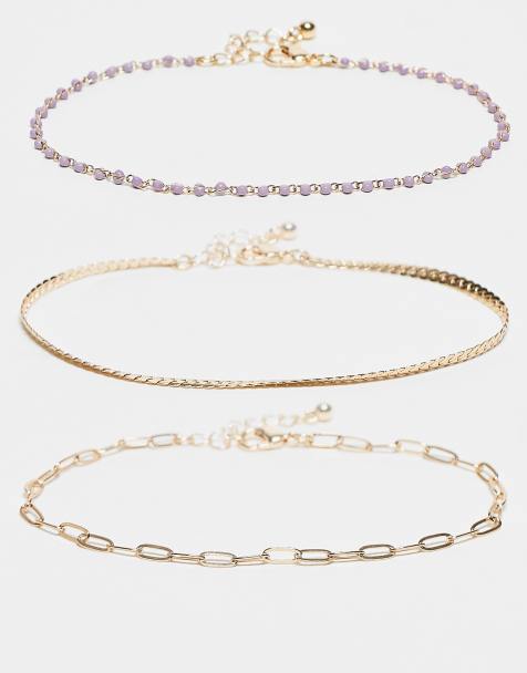 ASOS DESIGN - Lot de 3 bracelets de cheville avec chaînes et perles violettes - Doré - view 1
