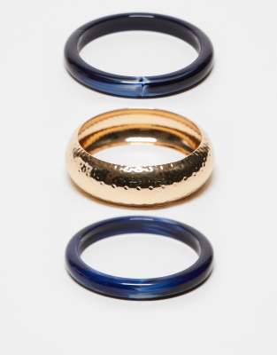 ASOS DESIGN - Lot de 3 bracelets joncs avec détail en résine bleu foncé - Doré