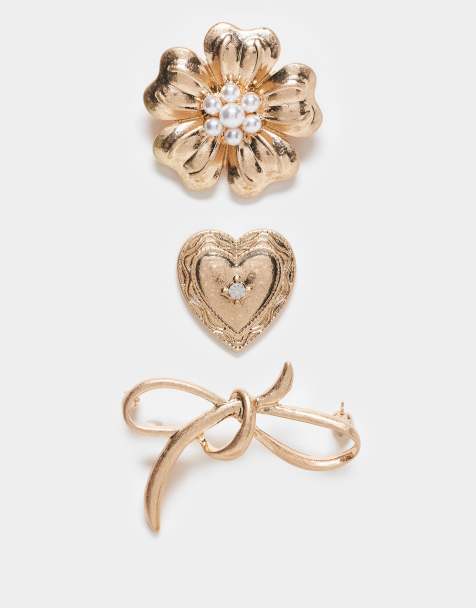 ASOS DESIGN - Lot de 3 broches en forme de fleur, nœud et cœur effet usé - Doré - view 1