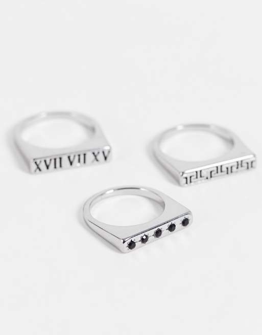 ASOS DESIGN - Lot de 3 chevalières minces à chiffres romains et motif grec - Argenté