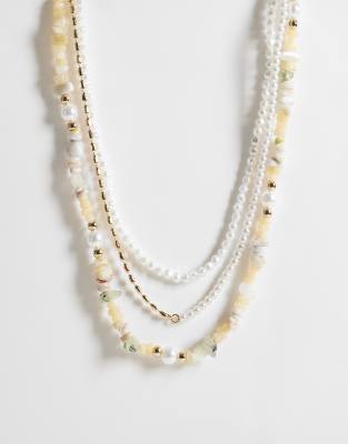 ASOS DESIGN - Lot de 3 colliers à perles et éclats de pierres - Argenté