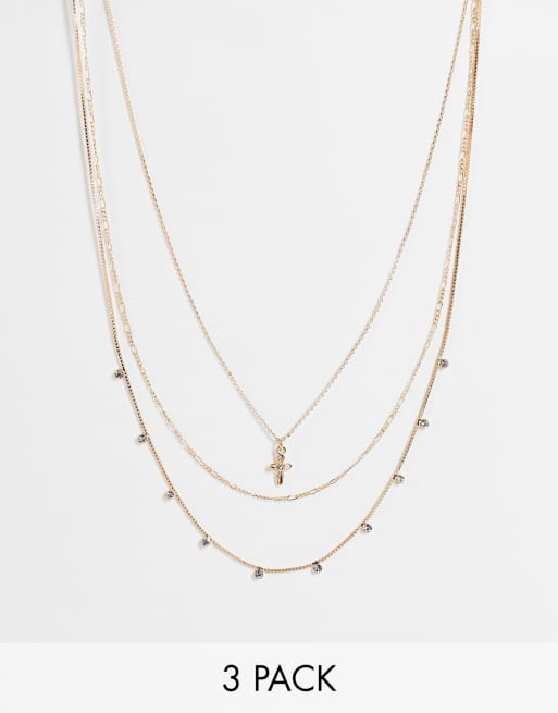 ASOS DESIGN - Lot de 3 colliers avec chaîne avec opale et petite croix - Doré