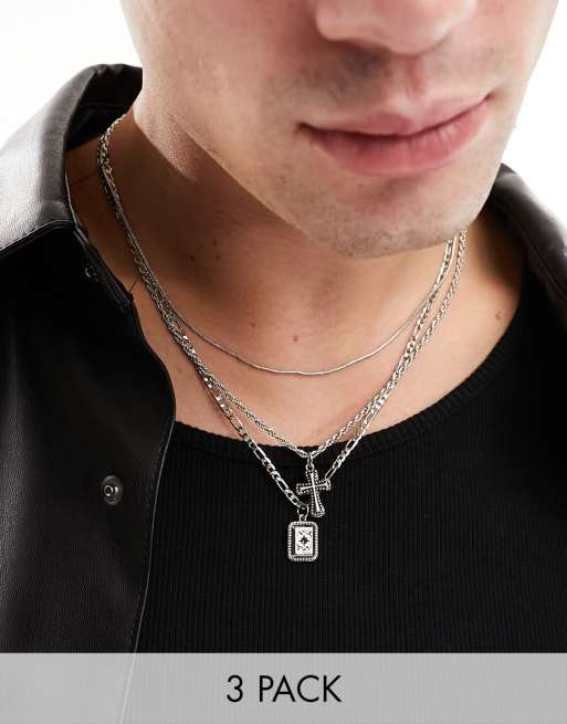 ASOS DESIGN - Lot de 3 colliers avec pendentifs pierre et croix - Argenté