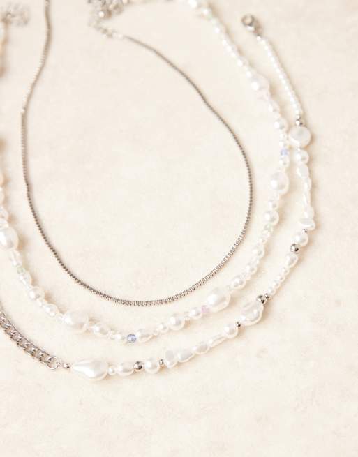 ASOS DESIGN - Lot de 3 colliers chaîne à perles fantaisie - Argenté, 2 de 3