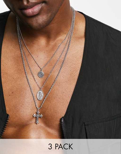 ASOS DESIGN - Lot de 3 colliers multi-rangs avec croix - Argenté
