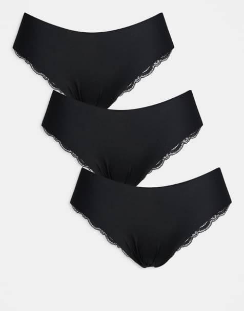 ASOS DESIGN - Lot de 3 culottes brésiliennes anti-démarcations avec dentelle - Noir - view 1