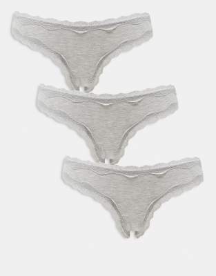 ASOS DESIGN - Lot de 3 culottes brésiliennes en coton et dentelle - Gris chiné
