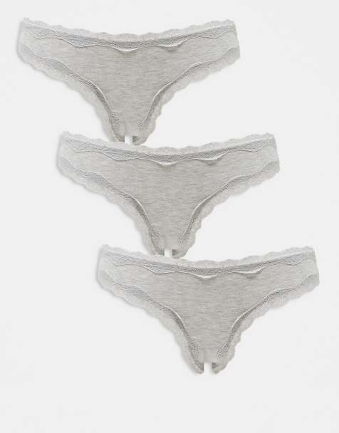 ASOS DESIGN - Lot de 3 culottes brésiliennes en coton et dentelle - Gris chiné - view 1
