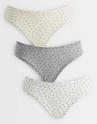 ASOS DESIGN - Lot de 3 culottes brésiliennes en maille pointelle à petites fleurs - Crème et gris-Multicolore
