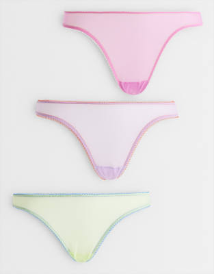 Lot de 3 culottes brésiliennes en tulle transparent avec bordures contrastantes - Rose, bleu et citron vert-multicolore L