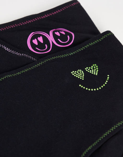 ASOS DESIGN - Lot de 3 culottes brésiliennes taille haute en coton avec motifs smiley - Noir, 2 de 4