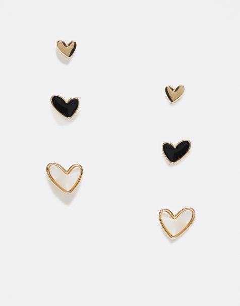 ASOS DESIGN - Lot de 3 paires de boucles d'oreilles avec cœur en émail noir et perles fantaisie - Doré - view 1