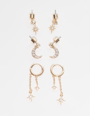 ASOS DESIGN - Lot de 3 paires de boucles d'oreilles célestes avec zircons cubiques et pochon cadeau - Doré