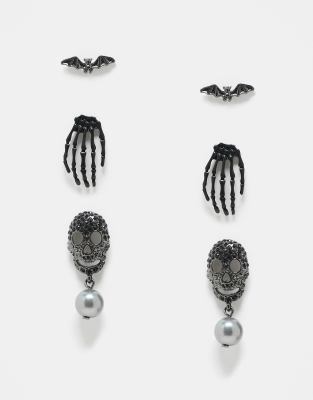 ASOS DESIGN - Lot de 3 paires de boucles d'oreilles squelettes et chauves-souris-Multicolore