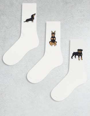 ASOS DESIGN - Lot de 3 paires de chaussettes avec motif chien - Blanc