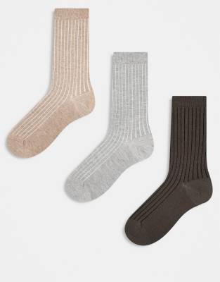 ASOS DESIGN - Lot de 3 paires de chaussettes côtelées douces - Marron chocolat, grège et gris chiné-Multicolore