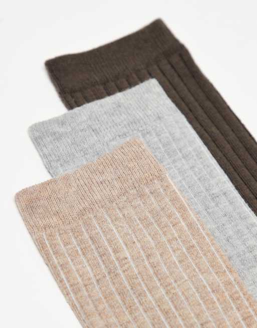ASOS DESIGN - Lot de 3 paires de chaussettes côtelées douces - Marron chocolat, grège et gris chiné, 2 de 3
