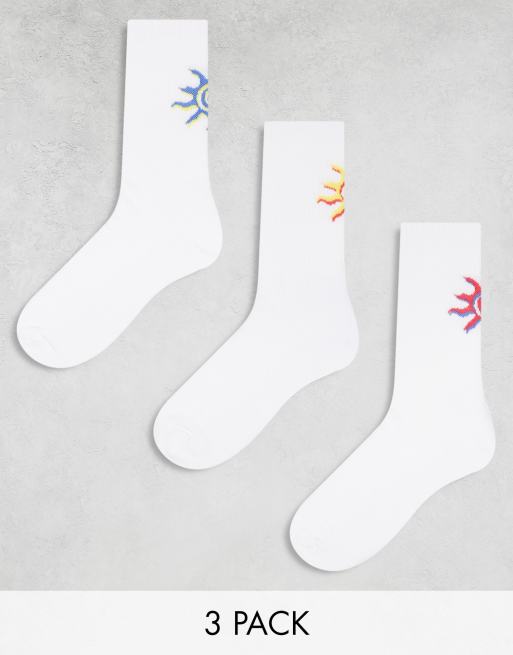 ASOS DESIGN - Lot de 3 paires de chaussettes de sport avec soleil brodé - Blanc