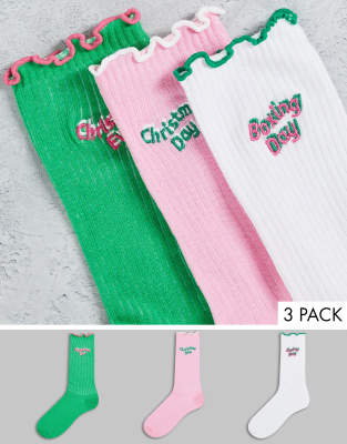 ASOS DESIGN - Lot de 3 paires de chaussettes mi-hautes à imprimé Christmas Day - Multicolore