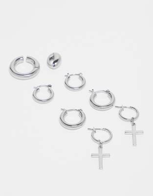 ASOS DESIGN - Lot de 3 paires de créoles et 2 bijoux d'oreilles variés - Argenté