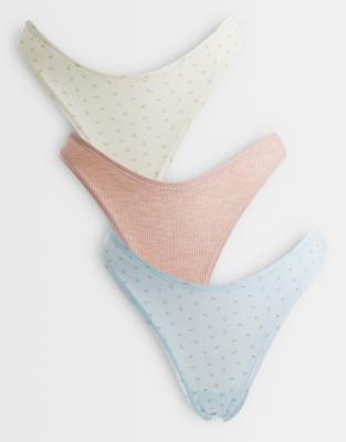 Lot de 3 strings - Bleu et crème à petites fleurs et avoine côtelée-Multicolore XS