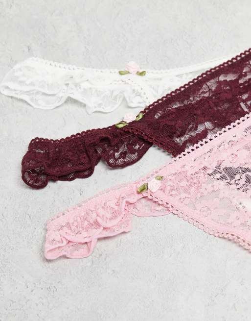 ASOS DESIGN - Lot de 3 strings en dentelle avec volants sur le côté et boutons de rose - Rose, blanc et chocolat, 3 de 3