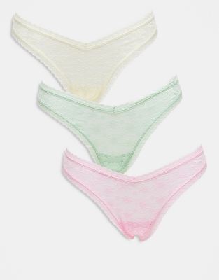 Lot de 3 strings tout en dentelle échancrés devant - Tons pastels-Multicolore XS
