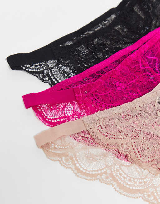 ASOS DESIGN - Lot de 3 tangas brésiliens élastiques en dentelle - Taupe, noir et cerise, 3 de 4