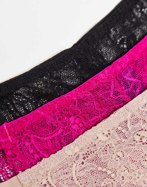 ASOS DESIGN - Lot de 3 tangas brésiliens élastiques en dentelle - Taupe, noir et cerise, 4 de 4