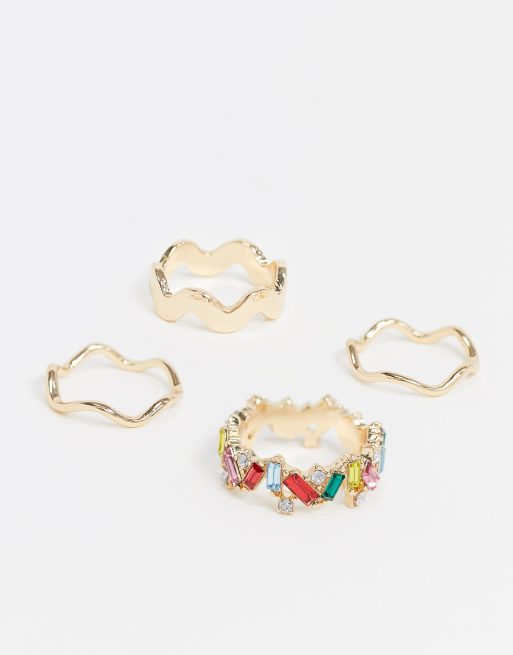 ASOS DESIGN - Lot de 4 bagues avec cristaux arc-en-ciel et motif zigzag - Doré