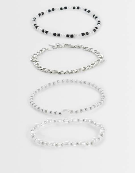 ASOS DESIGN - Lot de 4 bracelets en chaîne avec perles noires - Argenté - view 1