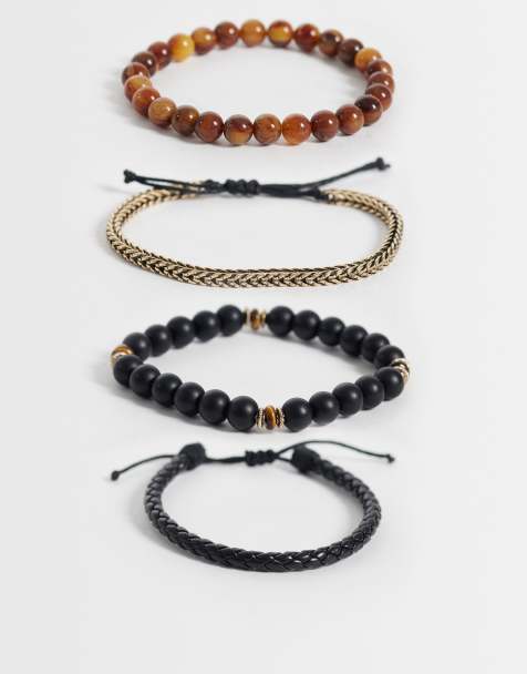 ASOS DESIGN - Lot de 4 bracelets en imitation cuir tressée et chaîne à perles imitation oeil de tigre - Doré antique - view 1