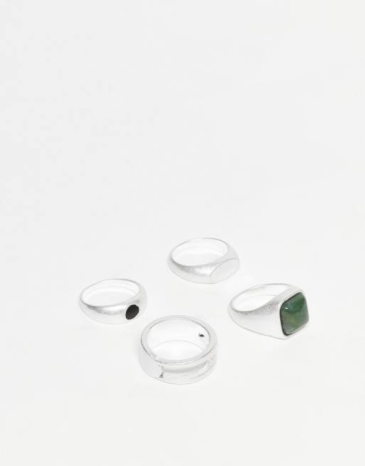 ASOS DESIGN - Lot de 4 bagues chunky à pierres d'agate semi-précieuses vert mousse et noire - Argenté poli  , 2 de 3
