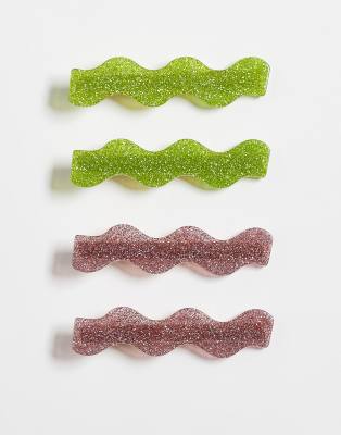 ASOS DESIGN - Lot de 4 barrettes à strass - Rose et vert-Multicolore