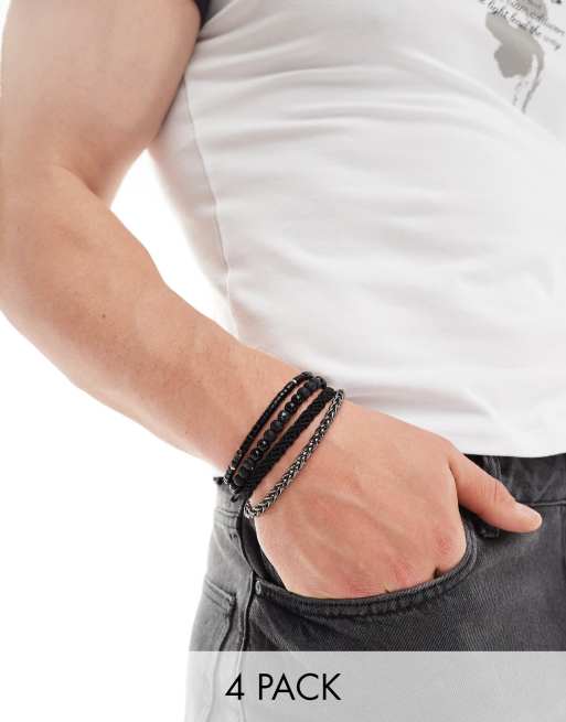 ASOS DESIGN - Lot de 4 bracelets à chaîne, perles et corde - Noir